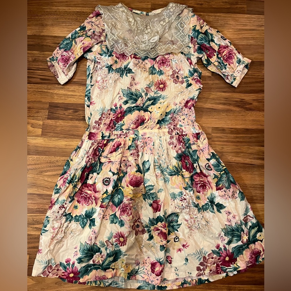 Vintage 70’s Floral Dress Vintage 70s Lace Dress Vintage Drop Waist Dress Cotton - Picture 3 of 15